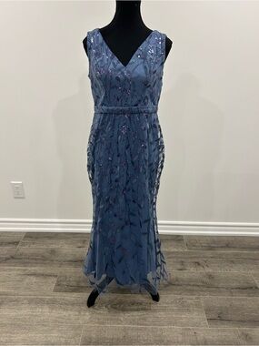 Ever Pretty Dusty Blue V-Neck Embroidered Evening Gown